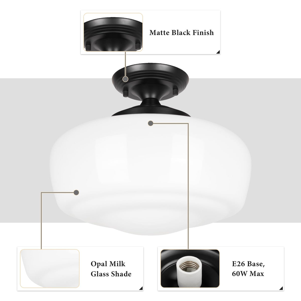 Large Schoolhouse Style Semi Flush Mount Ceiling Light Fixture (Black / Large)