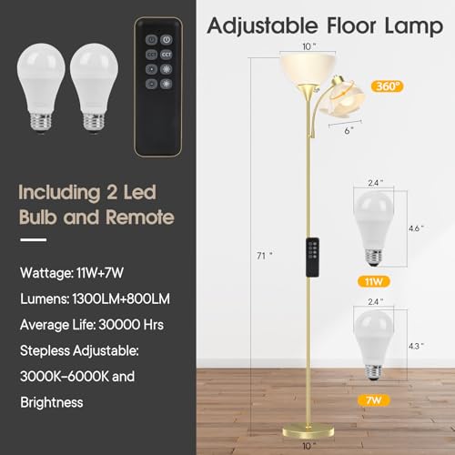 Torchiere Floor Lamp with Remote Control and Adjustable Reading Light (Golden)