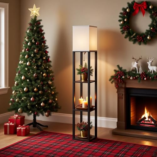 Floor Lamp with Shelves (Black(White Shade))
