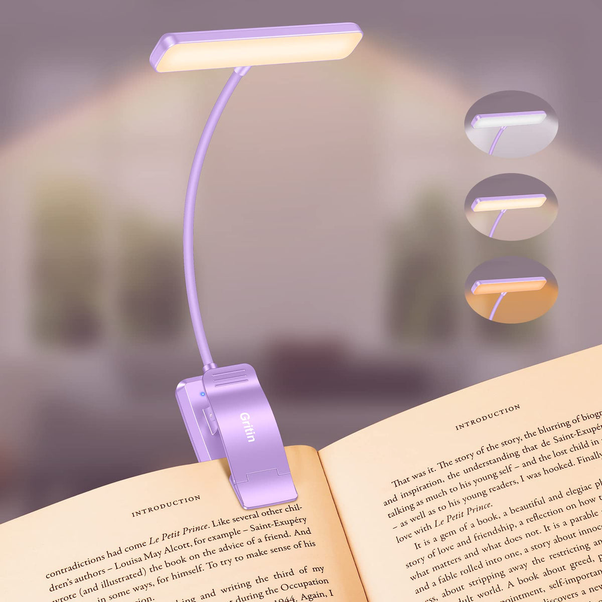 19 LED Rechargeable Book Light for Reading in Bed (Purple)