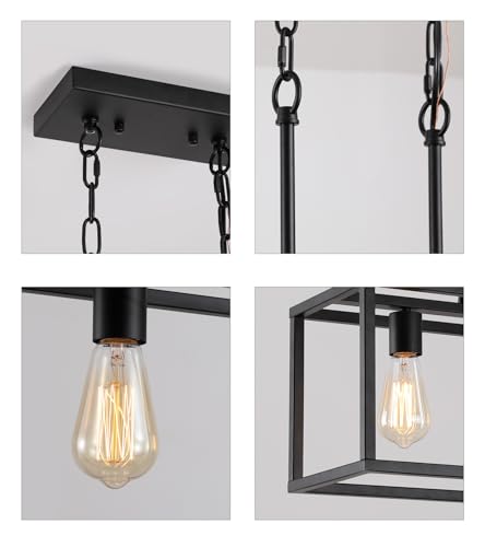 Black Rectangle Island Lighting Rectangular Modern Industrial Chandelier 4 Lights Linear Vintage Cage Light Fixtures for Kitchen Dining Room (4-Lights)
