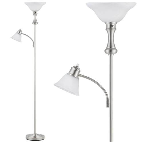 Torchiere Silver Floor Lamp with Adjustable Angle Reading Lamp (Silver)