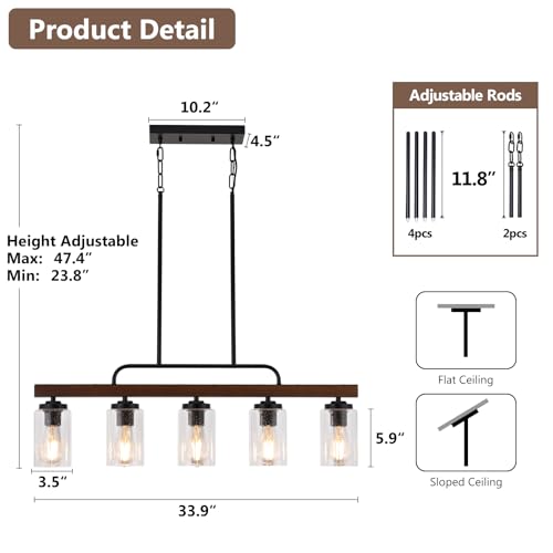5 Light Wood Dining Room Light (Seeded Glass / 5-Light)
