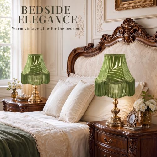 2 Pcs 5 x 10 x 7.5 Inch Green Scalloped Lamp Shades with Fringe Trim Vintage Victorian Bell Lampshades Replacement Fabric Natural Tapered Lampshades Decor for Wall Sconce Pendant Light (Green / 5 x 10 x 7.5 Inch)