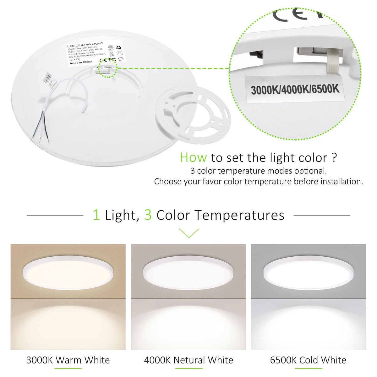 LED Flush Mount Ceiling Light 7in Thin 3CCT White Wired (7Inch-1 Pack / White)