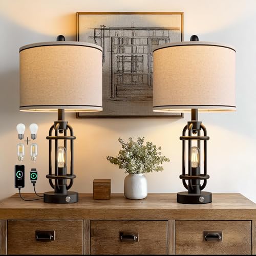 24'' Table Lamps for Living Room Bedroom Set of 2 Industrial Touch Lamp with USB A+C Ports (24'' Black - Set of 2)