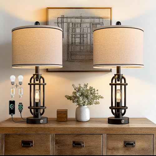 24'' Table Lamps for Living Room Bedroom Set of 2 Industrial Touch Lamp with USB A+C Ports (24'' Black - Set of 2)