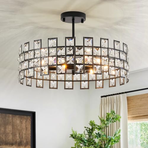 Black Crystal Semi Flush Mount Ceiling Light (Large Matte Black)