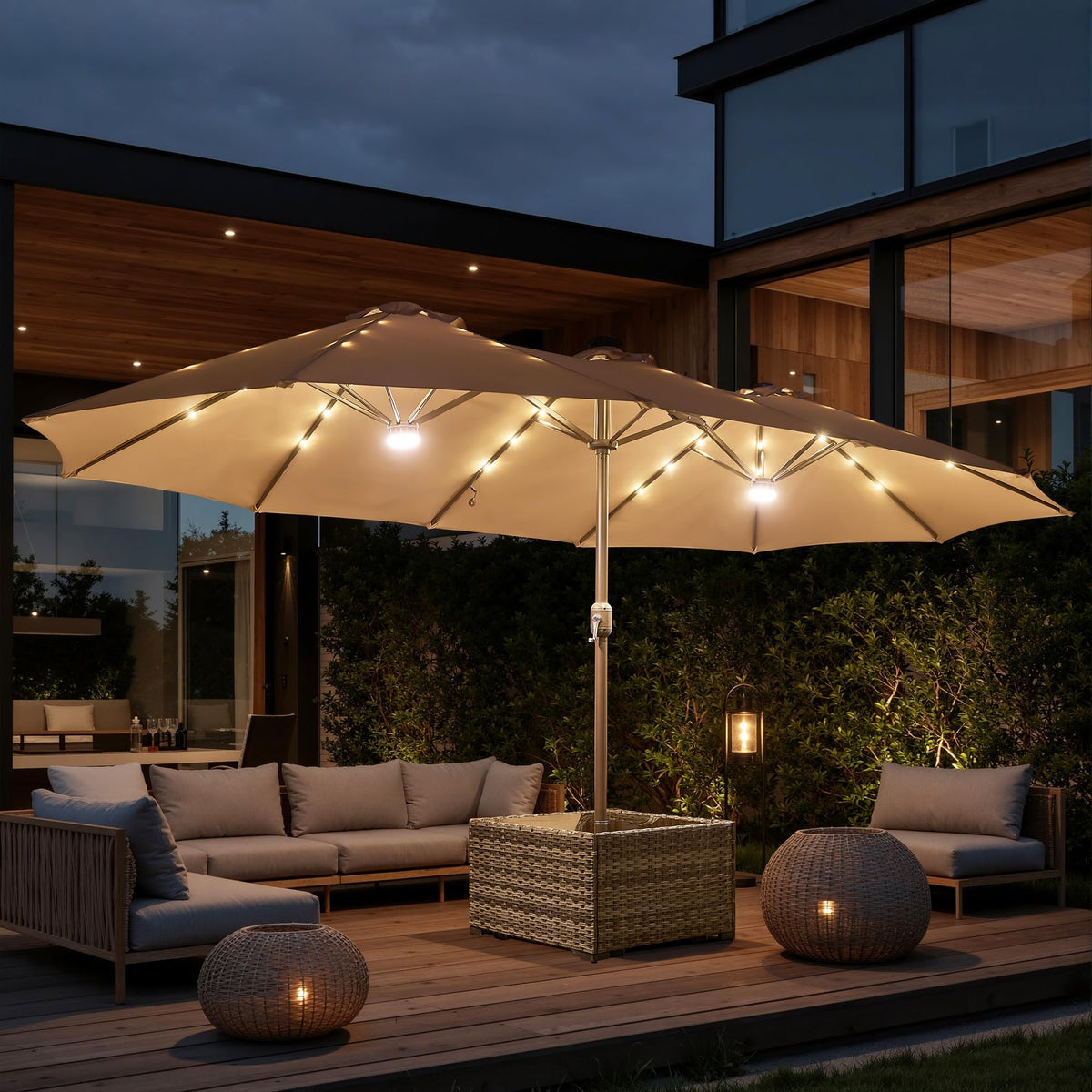 15FT Double Sided Rectangular Patio Umbrella with USB Rechargeable Warm LED Lights (Khaki)