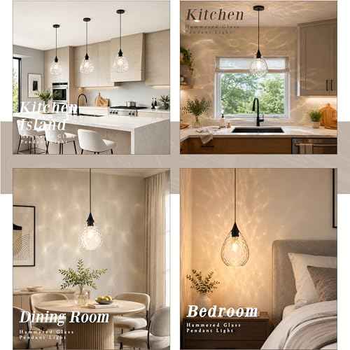 Black Glass Pendant Lights Kitchen Island 8" Pendant Light Hammered Clear Glass 2 Pack Height Adjustable Modern Hanging Pendant Lights for Dining Room Bedroom Hallway Sink Bulbs Incl (Black, 2 PK / 8 Inch)