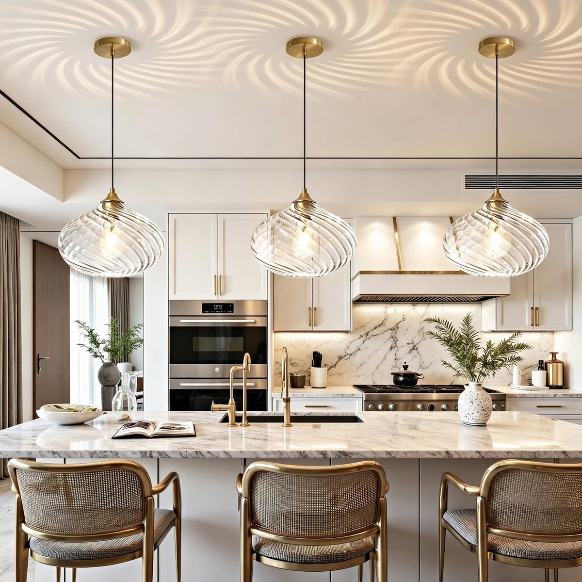 11in Gold Pendant Lights Kitchen Island with Clear Glass Shade 1Pack (Gold-Striped Clear Glass)
