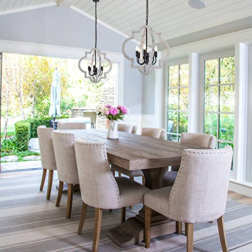 6 Light 21" Farmhouse Orb Chandelier Rustic Handmade Distressed White Wood Hanging Ceiling Pendant Light Fixture Wood Lantern Chandeliers for Dining Room Kitchen Bedroom Foyer Hallway (Textured-White / D21" x H21" 6-Light)