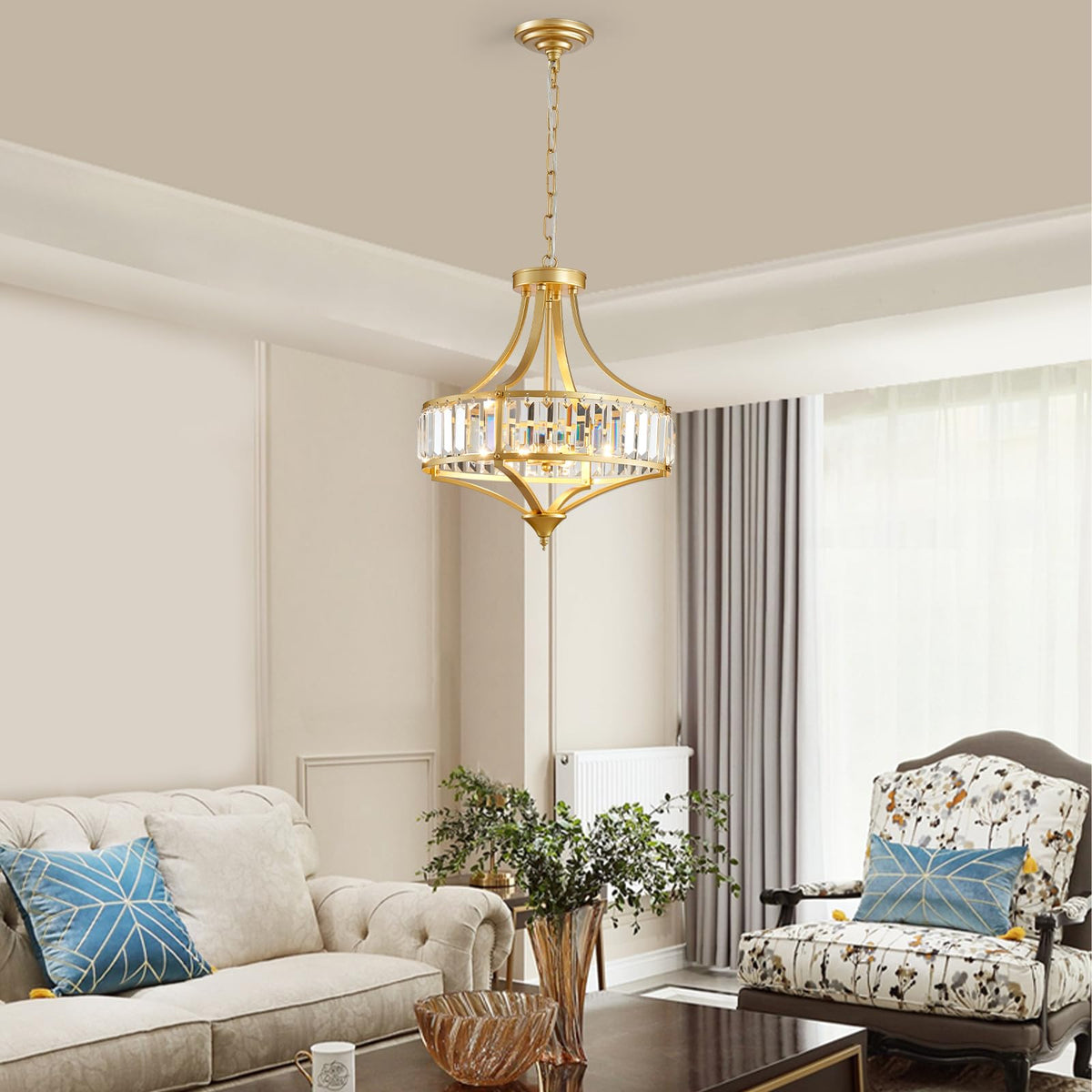 Gold Chandeliers for Dining Room Modern Round Crystal 4 Lights Rustic Pendant Lighting Fixture with Metal Lampshade for Living Room Hallway Bedroom Foyer (15.7" Gold)