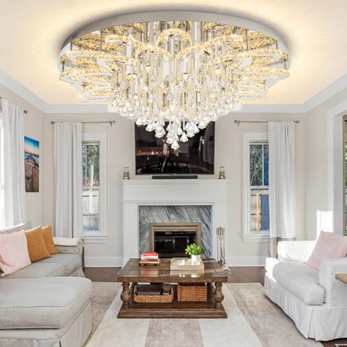 48in Large Crystal Chandelier for Living Room Modern Crystal Raindrop Chandelier Flush Mount Chandeliers for Foyer Dining Room Hallway Dimmable 2700K (Silver / W:48inches)