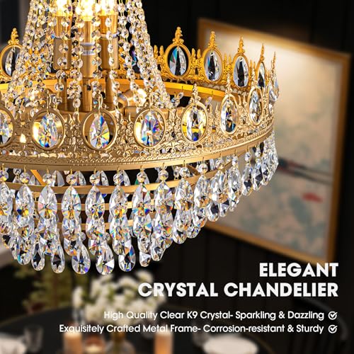 Gold Crystal Chandeliers for Dining Room Light Fixture (D24"H27"- Gold)