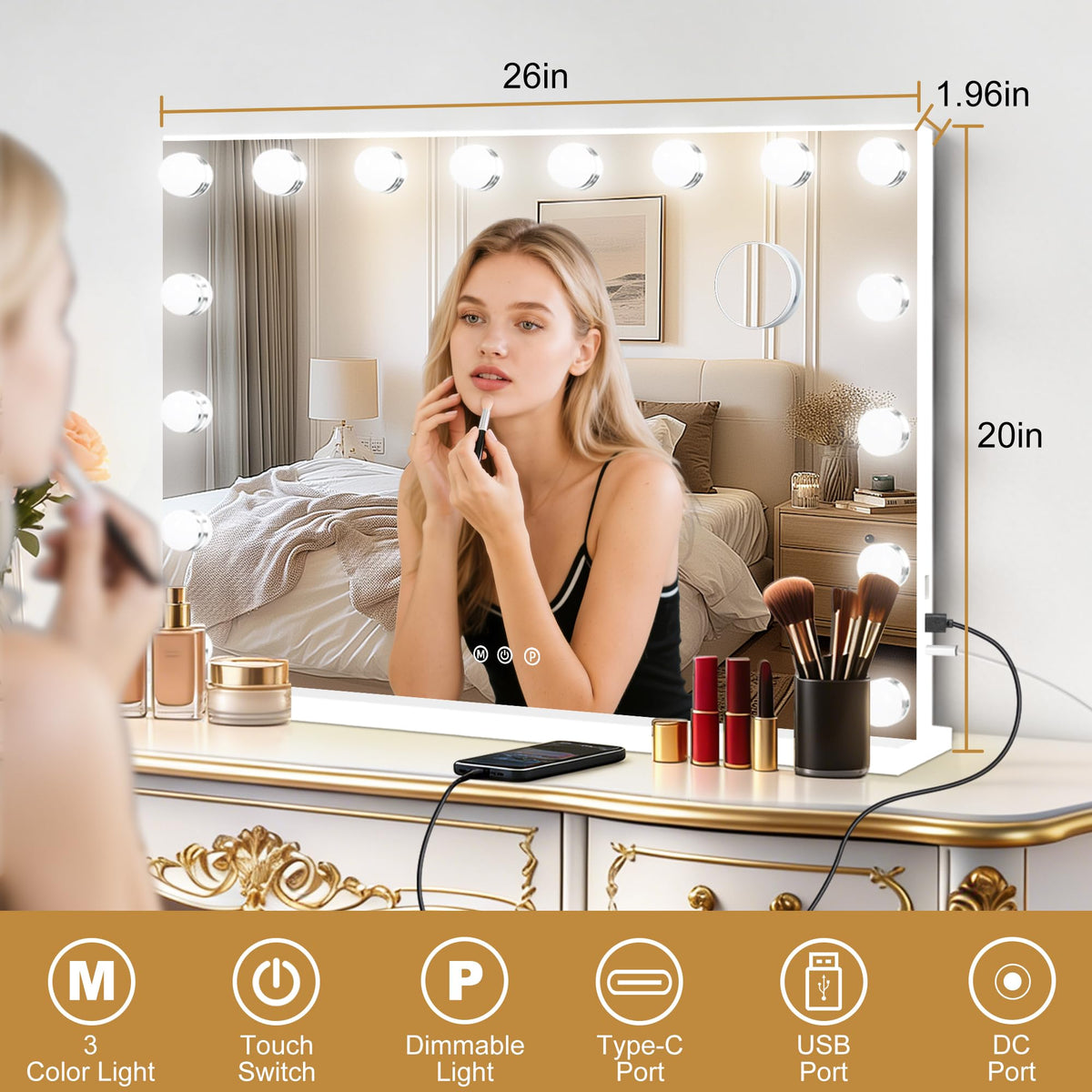 Vanity Mirror with Lights (White / 26"L x 20"W)