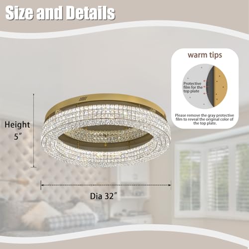 32'' Modern Chandeliers for Living Room Crystal Chandelier Flush Mount Ceiling Light Fixture for Dining Room Living Room Bedroom Dimmable 2700 (Gold / Dia 32inch)