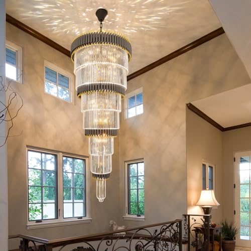 7 Tier Black and Gold Chandeliers Long Staircase Crystal Chandelier Large Entryway Chandeliers Adjustable Chain for Entrance Hall Living Room Foyer H66 x W32 19 Lights (D32"XH66" Black)