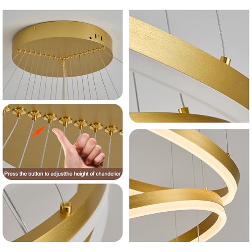 9 Rings D39.4in Modern LED Chandelier Gold Dimmable Foyer Chandeliers Entryway High Ceiling Chandelier with Remote Control for Staircase Entryway Living Room Foyer (Gold / 9 Rings 39.4in)