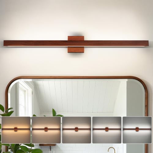 39 Inch Vanity Light for Bathroom 30W Dimmable 5CCT LED Bathroom Light Over Mirror with Up & Down Lighting Brown Wood Finish Vanity Lighting Fixture Bar for Restroom Mirror Cabinet (Brown / 39 Inch)