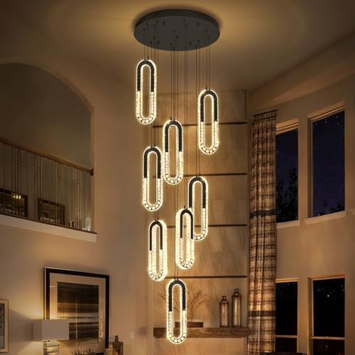 Modern Led Black Chandelier Adjustable 8 Rings Crystal Chandelier for Foyer Stairwell Crystal High Ceiling Pendant Light Dimmable 2700K (Black / 8 Rings (New))
