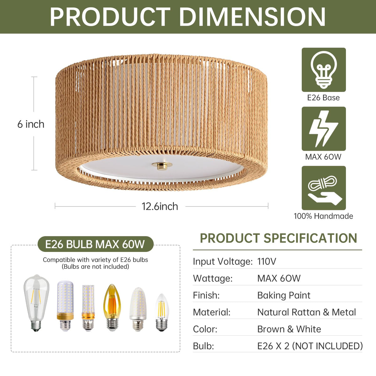 17.7" Rattan Ceiling Light (Vertical Weave- Brown / 17.7")