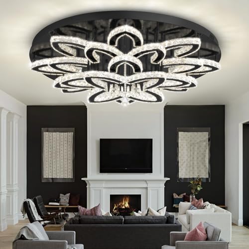 40" Modern Crystal Chandelier for Dining Room LED Dimmable Flush Mount Chandeliers Black Ceiling Chandelier for Living Room Bedrooms (Black / Dia 40")