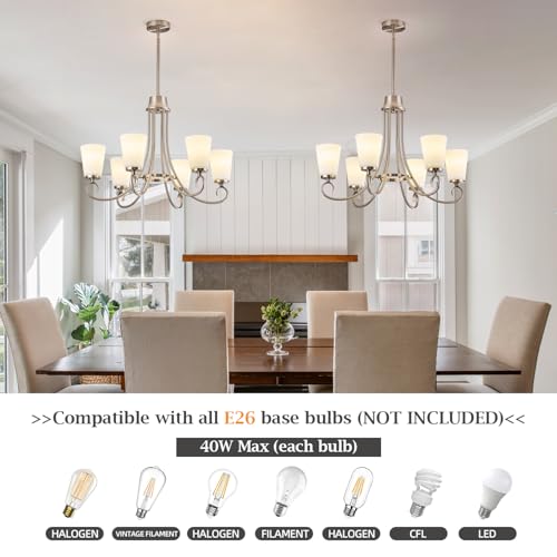 Brushed Nickel Farmhouse Chandelier Rustic Dinner Room Chandelier with Frosted Milky White Glass Lampshade Silver Durable Metal Ceiling Hanging Light Fixture for Kitchen Island Living Room Over Table (Brushed nickel -A)