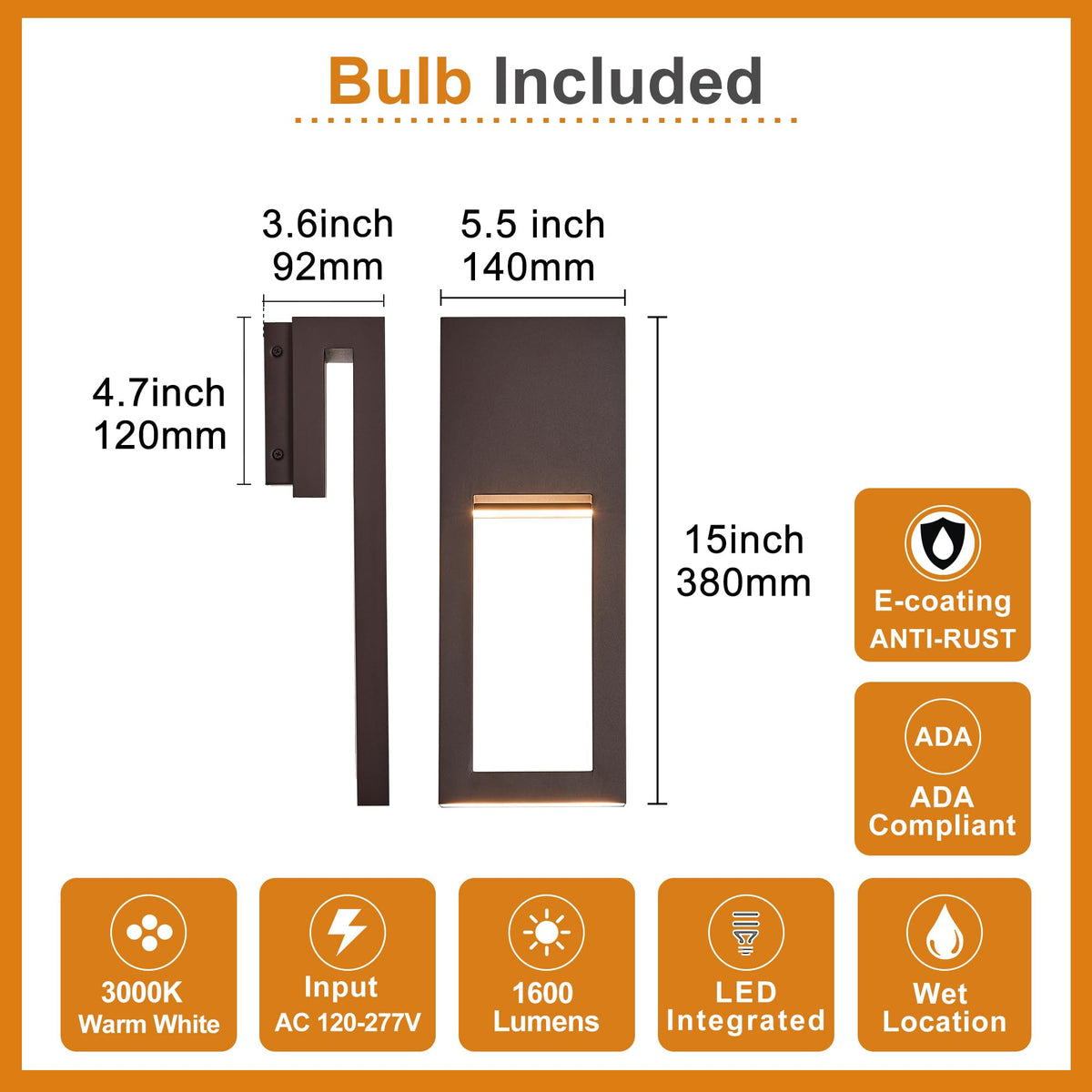 Outside Garage Lights 15" Triac Dimming Wet Location Sconce (1Pack Textured Bronze(without Photocell))