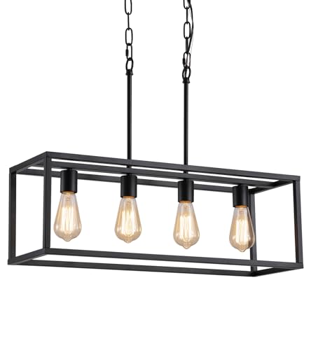 Black Rectangle Island Lighting Rectangular Modern Industrial Chandelier 4 Lights Linear Vintage Cage Light Fixtures for Kitchen Dining Room (4-Lights)