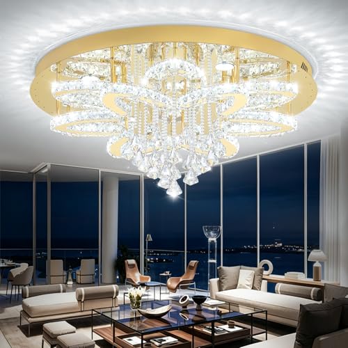 W32 Modern Crystal Chandelier for Living Room Gold Raindrop Chandelier Flush Mount Chandeliers for Foyer Dining Room Hallway Dimmable 2700K (Gold / W:32inches)