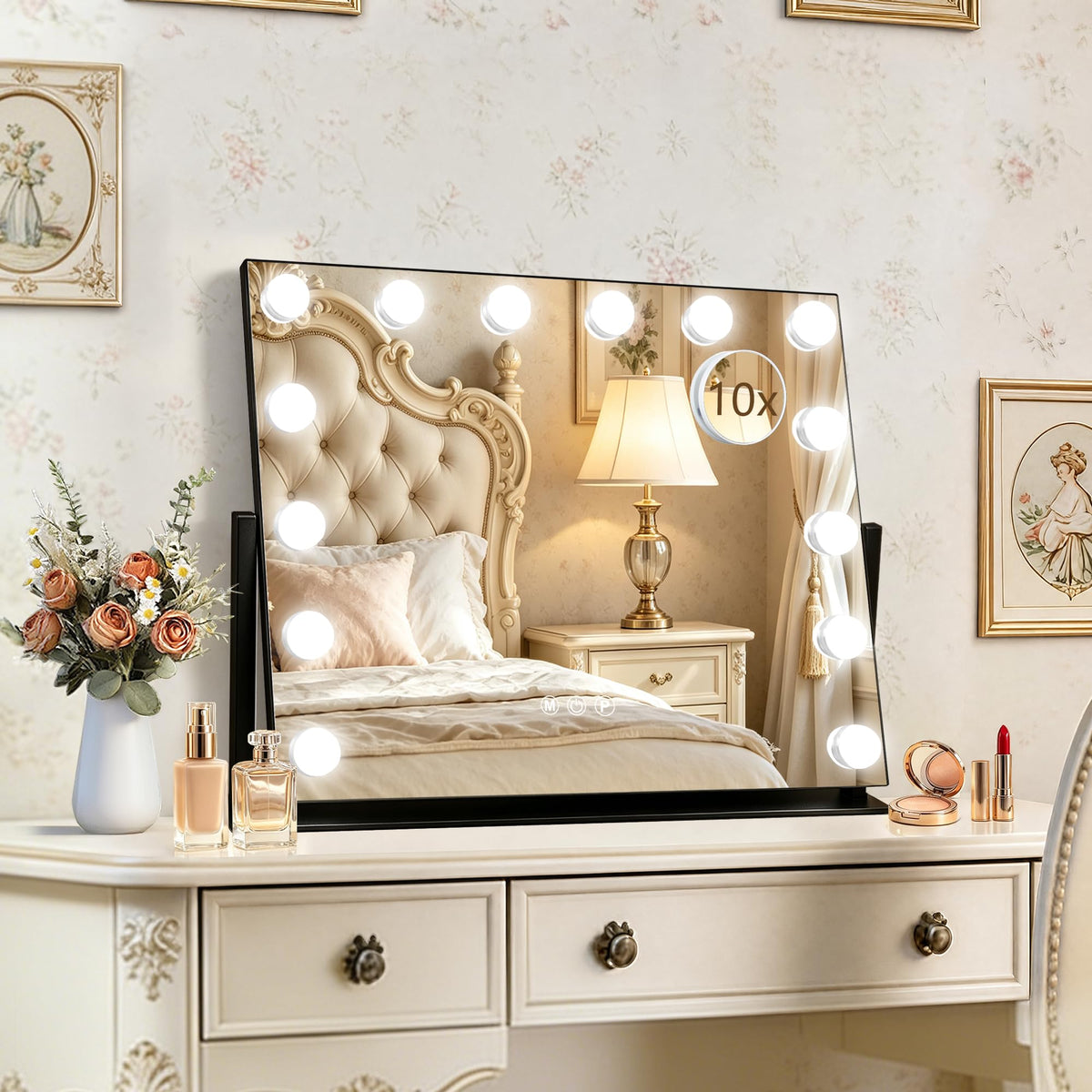 Black Hollywood Vanity Mirror with Lights (Black / 22"L x 17"W)