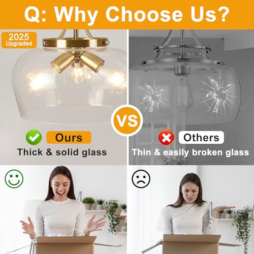 Modern Pendant Lights Kitchen Island (3-Light-Brushed Gold-Clear Glass-14.2"(Easy To Install))
