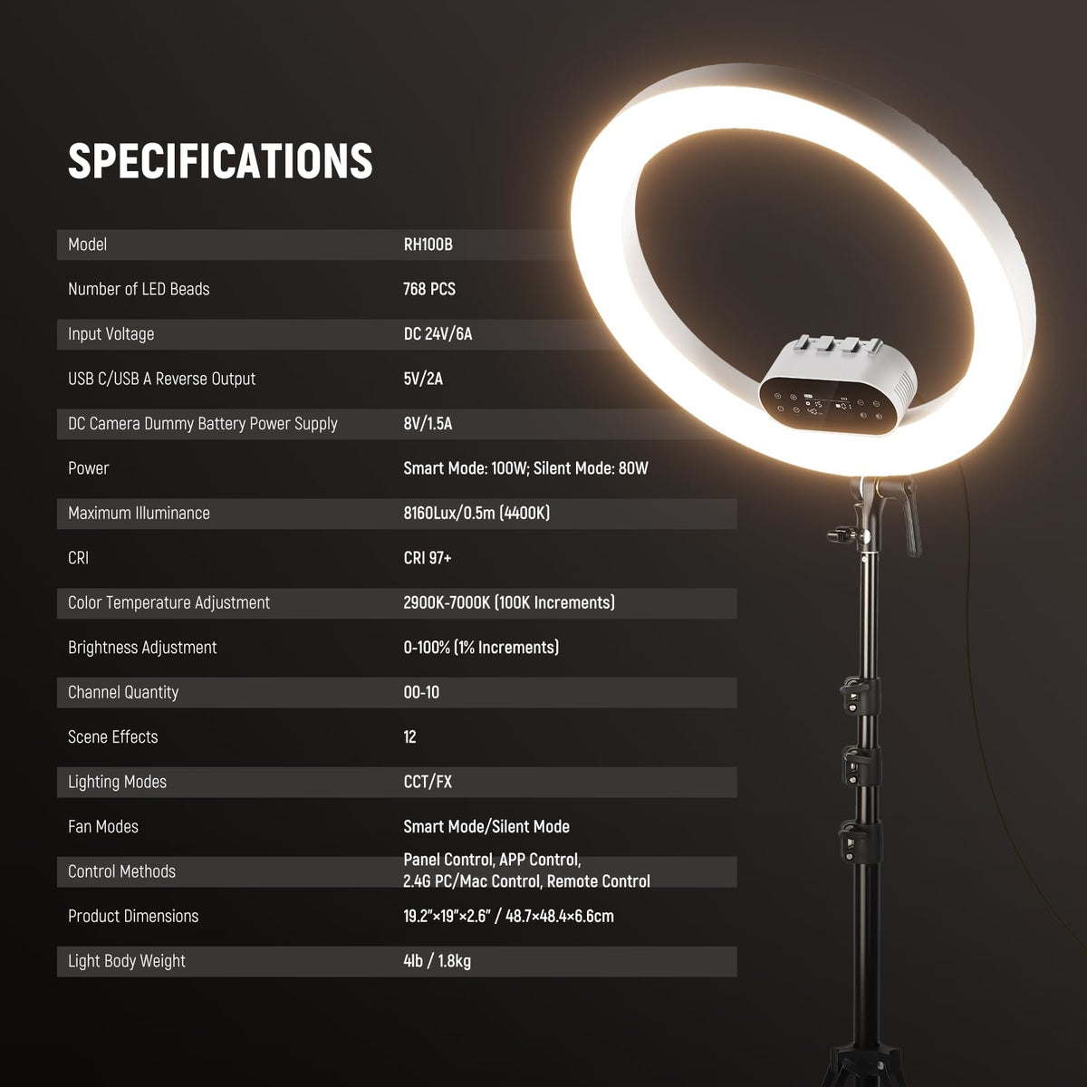 19" 100W High Power LED Ring Light with Tripod Stand