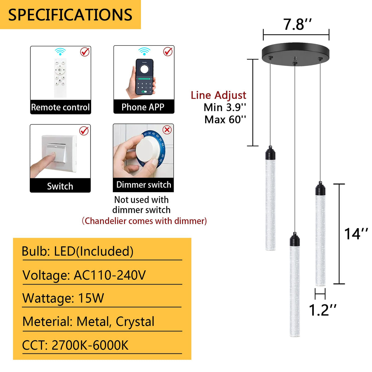 3 Light Black Pendant Lighting Mini Chandelier for Kitchen Island Modern Crystal LED Pendant Light Adjustable Dimmable Pendant Light Fixture for Dinning Room Bedroom Ceiling Hanging Lights 2700K 6000K (3 lights / Black)