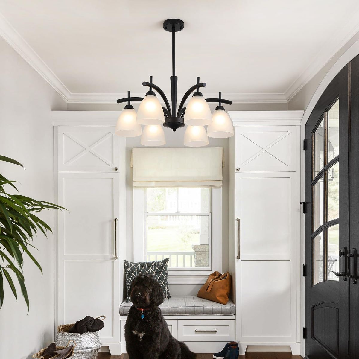 Modern Farmhouse Black Frosted Glass Chandelier Rustic Kitchen Light Fixtures 6 Lights for Dining Room Living Room Foyer Entryway Bedroom UL Listed D25.6 Inches (Black)