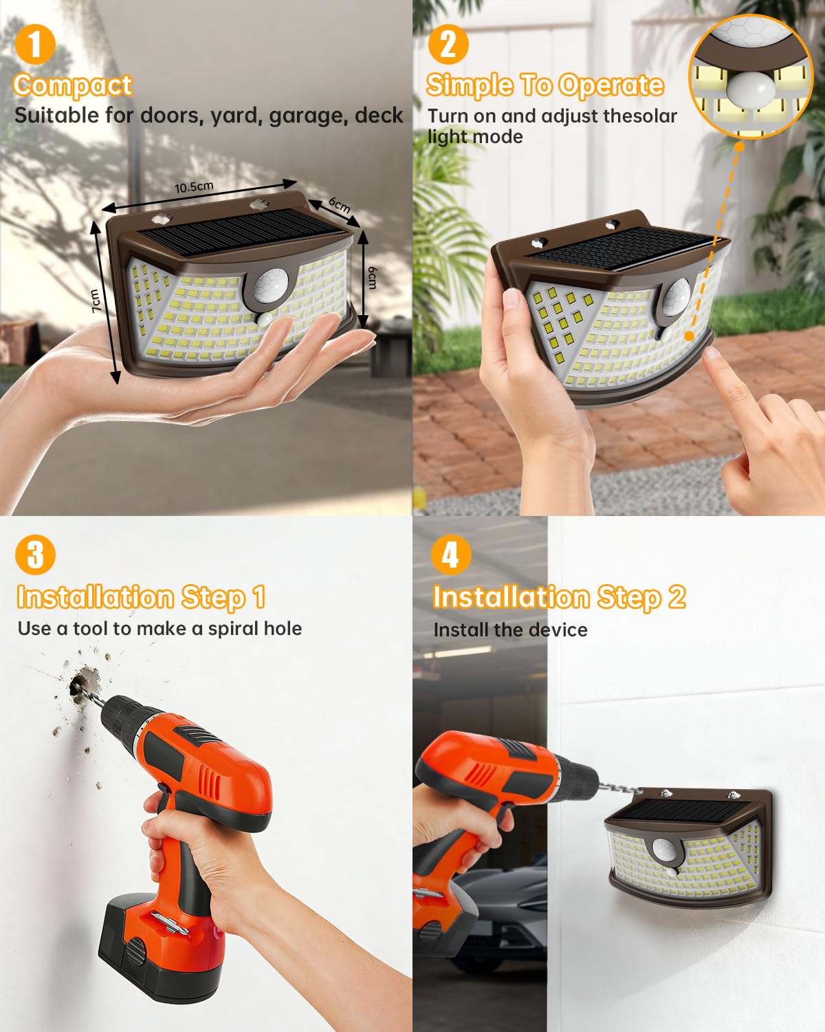 Solar Motion Sensor Lights Outdoor 120 LEDs (Brown / 6 Pack)