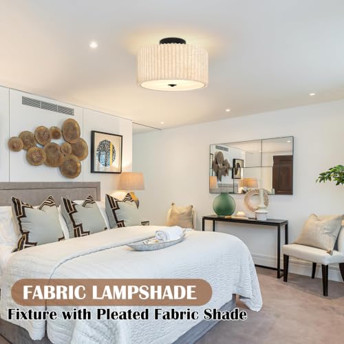2 Light Semi Flush Mount Ceiling Light Fixture 12.6 Inch Modern Black Drum Ceiling Light Fixture with Pleated Fabric Shade Dimmable Close to Ceiling Light for Living Room Hallway Bedroom Entryway (...