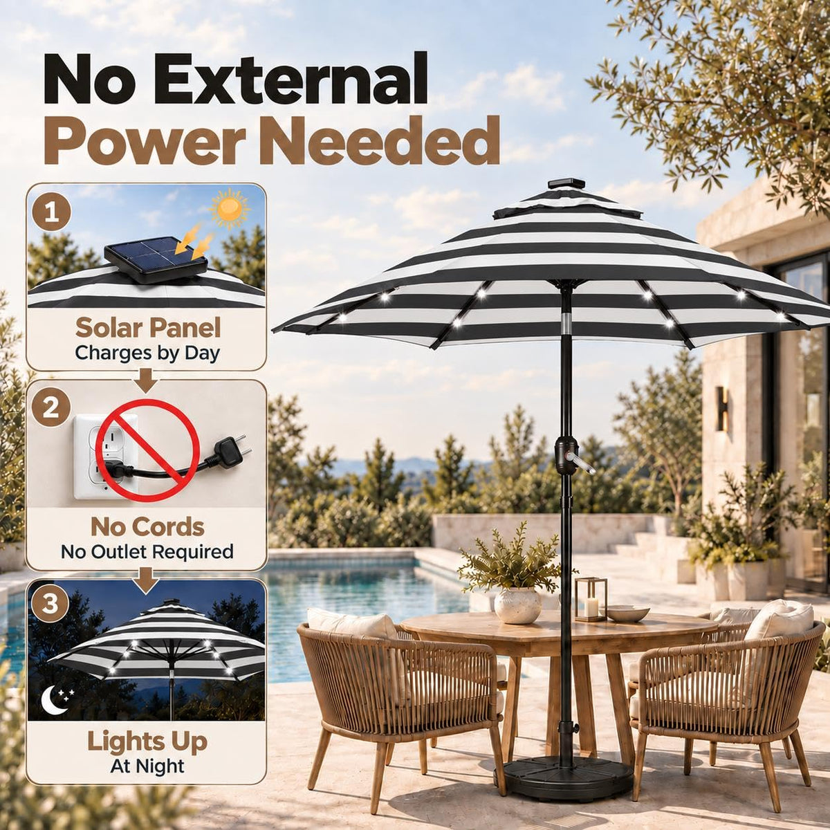 9FT Solar Patio Umbrella w (Black/White / 9FT)