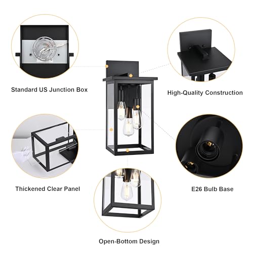 2 Pack Large Outdoor Wall Light Fixtures (Black / 3-Light, 2-Pack)