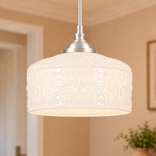 Brushed Nickel Vintage Pendant Lights Kitchen Island for Bathroom (Nickel+White Patterned Glass / 9.45in)