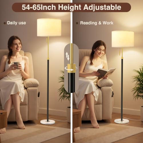 Height Adjustable Modern Floor Lamp (Matte Black & White Marble Base / 65 Inches (With Bulb))