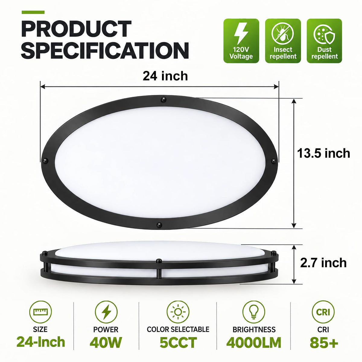 2 Pack 24 Inch Oval Flush Mount Ceiling Light Fixtures 40W 5CCT Selectable (Black / 24 Inch)