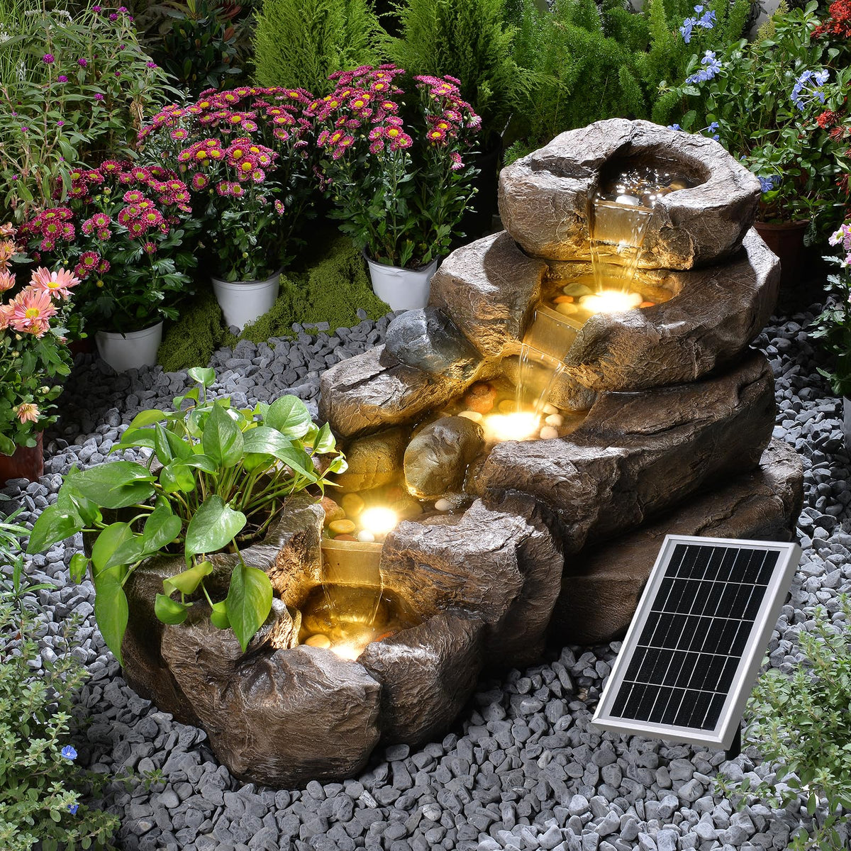 38.2" L Solar Water Fountain Outdoor Rock Waterfall Fountains (38.2’’L / Solar -Brown)