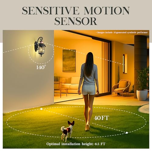 Motion Sensor Outdoor Wall Light (Black & Gold Edges - Water Glass / 18.7 Inch - Motion Sensor)