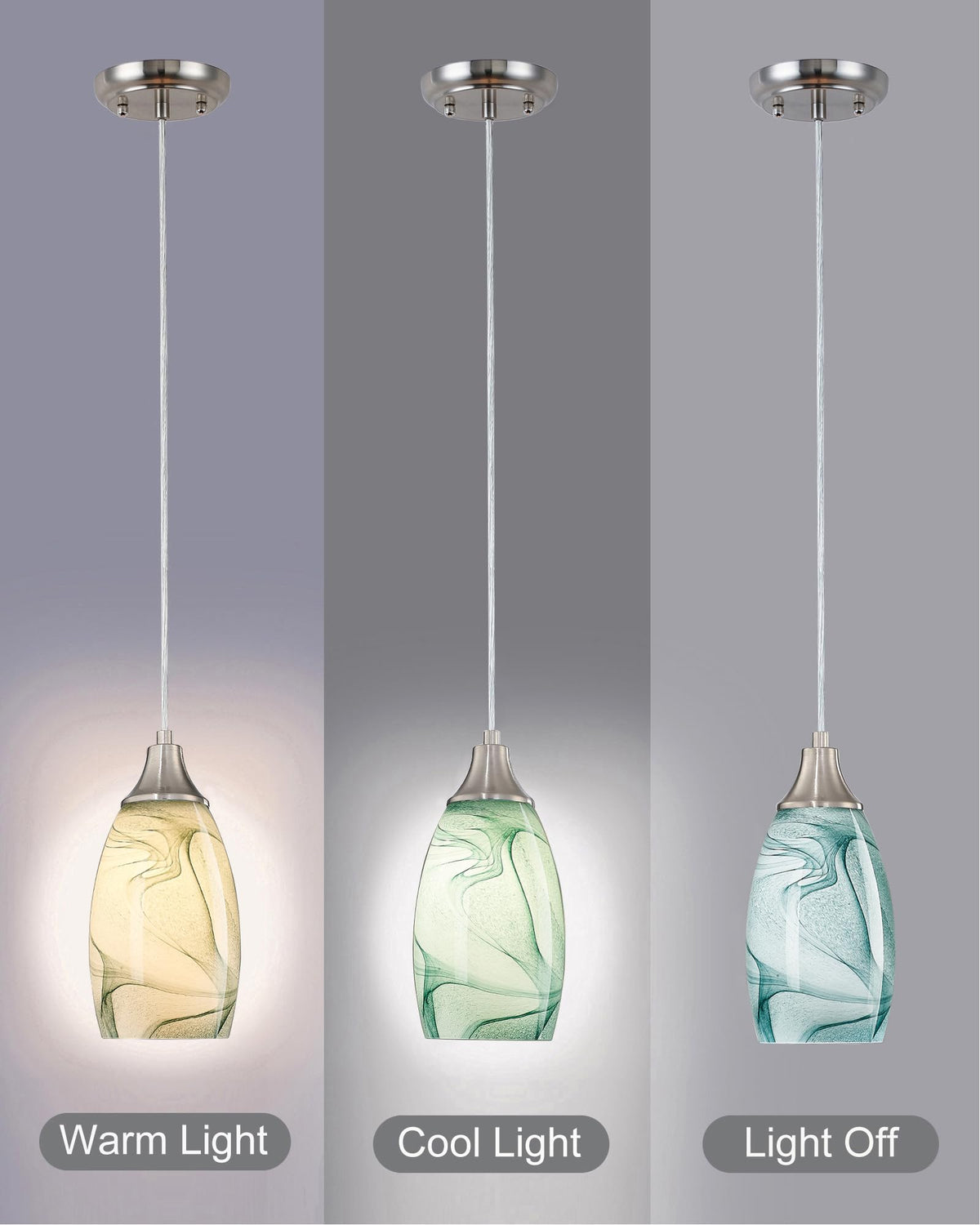Mini Pendant Lights Kitchen Island Light Brown Glass Lamp Shade Hand Blown Glass Pendant Light with Brush Nickel Finish Adjustable Cord for Kitchen Over Sink (Green Marble-1P)
