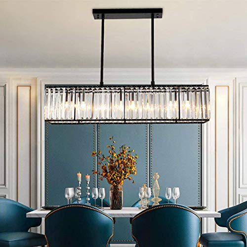 Modern Crystal Chandelier for Dining Room Rectangle Linear Crystal Pendant Ceiling Light for Kitchen Island Bar Pool Table
