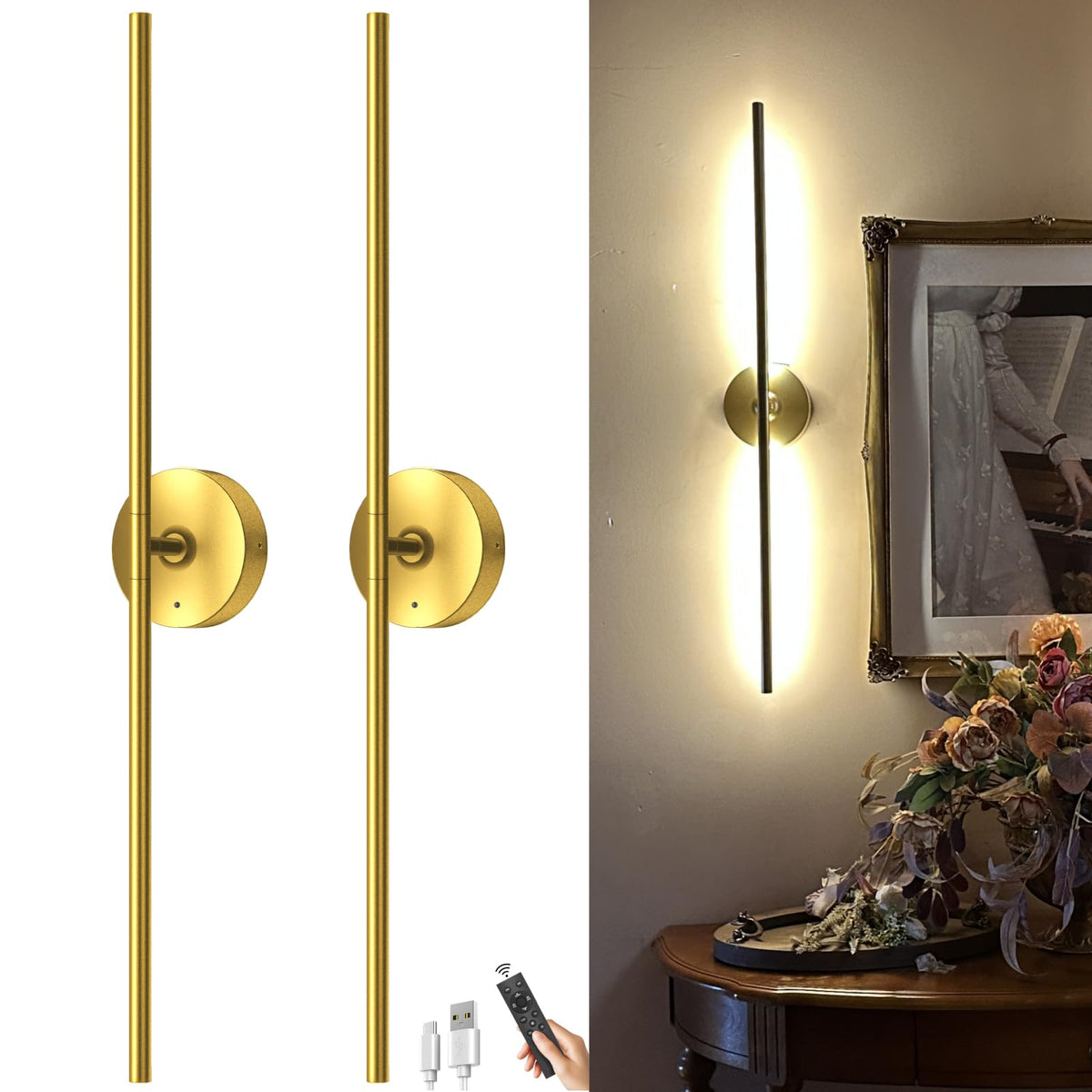 Battery Operated Wall Sconce Set of Two (Gold / Set of 2)
