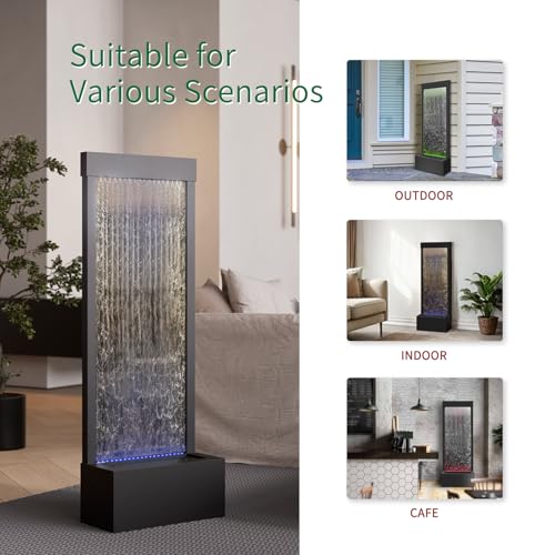48" Indoor Waterfall Fountain with LED Lights (Black - Mirrored Silver)