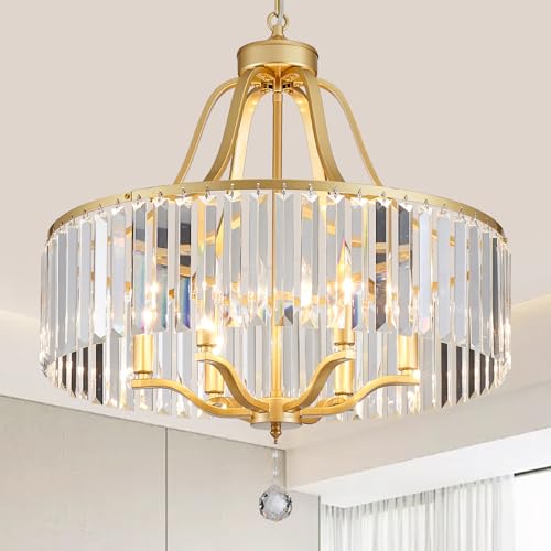 6 Light Crystal Gold Chandeliers for Dining Room 22 Inch Modern Farmhouse Chandelier Large Pendant Lighting Fixture Round Hanging Lamp for Living Room Kitchen Island Hallway Bedroom Foyer Hall (168-Gold)